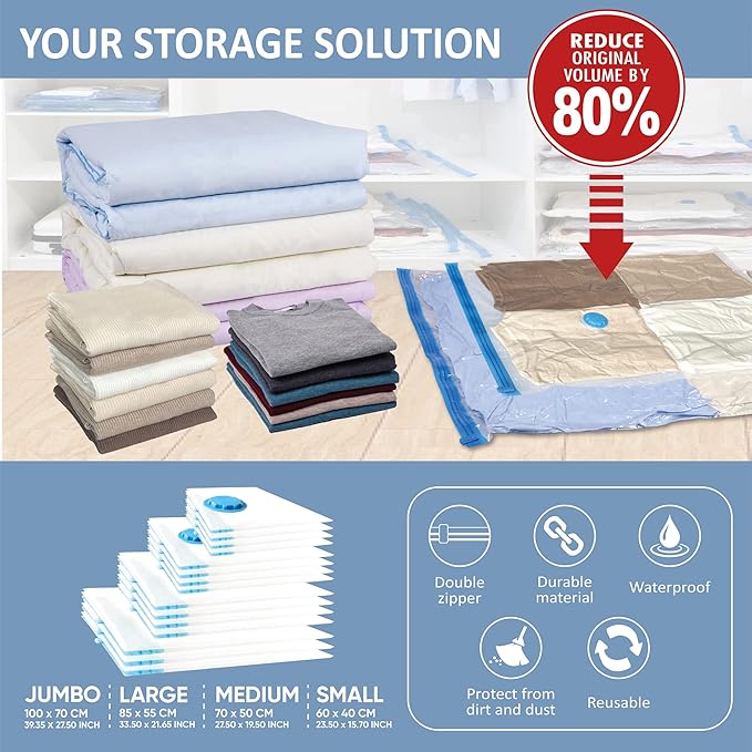 15 Pack Vacuum Storage Bags with Hand Pump, 80% Space Saver Vacuum Seal Storage Bags for Clothing, Travel Lugggage, Blankets, Comforters