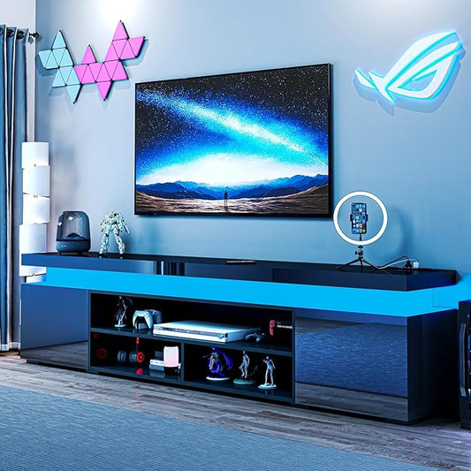 72" Modern TV Stand with LED Lights and Power Outlet for TVs Up to 80 inch, High Gloss Finish Entertainment Center, TV Console Cabinet with Storage for Living Room, Black-NeatNest