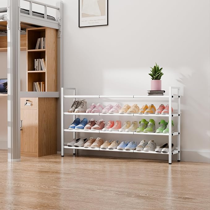 Bumusty 4-Tier Long Expandable Shoe Rack for Closet, 18"-44" Adjustable Shoe Rack for Entryway, 20-24 Pairs Large Shoe Organizer Shelf Storage, Sturdy Metal, White-NeatNest