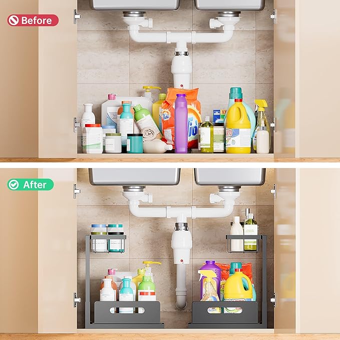 VUSIGN Under Kitchen Sink Organizer 2 Tier, Pull Out Under Sink Organizers and Storage, Bathroom Cabinet Kitchen Organization Storage Shelf, 1 Pack Black-NeatNest