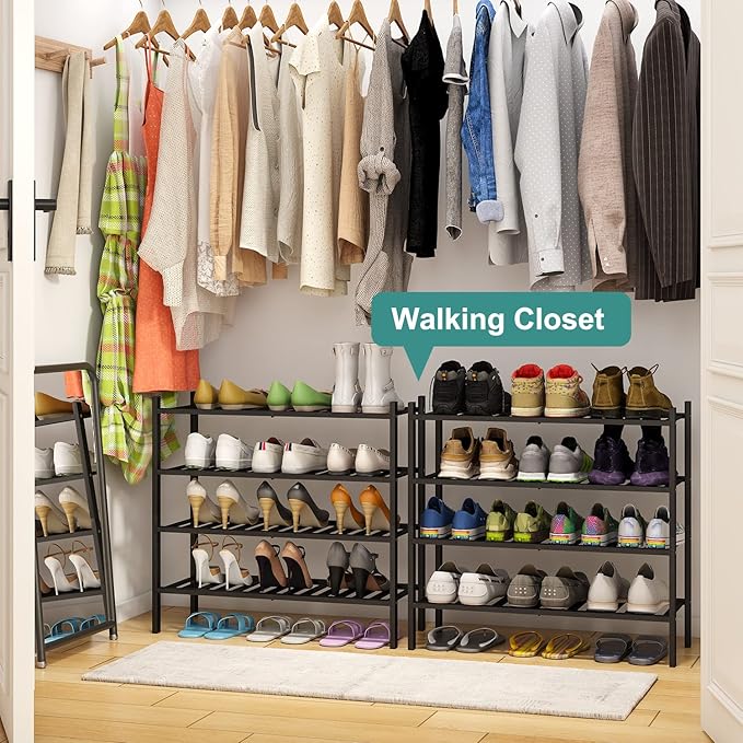 4-Tier Black Bamboo Shoe Rack for Entryway, Stackable | Foldable | Natural, Shoe Organizer for Hallway Closet, Free Standing Shoe Racks for Indoor Outdoor-NeatNest