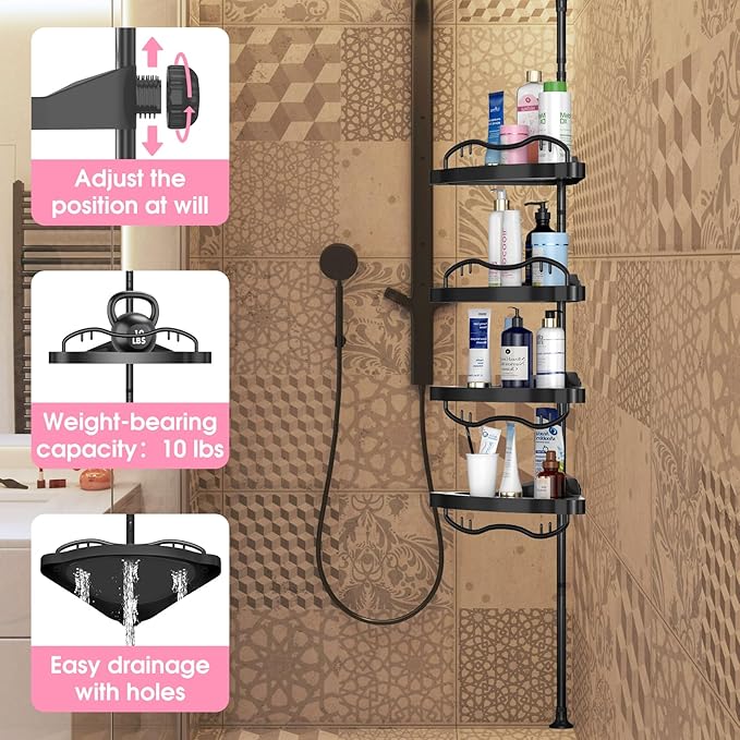 Corner Shower Caddy, Rustproof ABS Shower Shelves with 32-125 Inch Steel Poles, Drill Free Shower Organizer, 4 Layer Adjustable Shelves with Tension Pole for Storage, Black