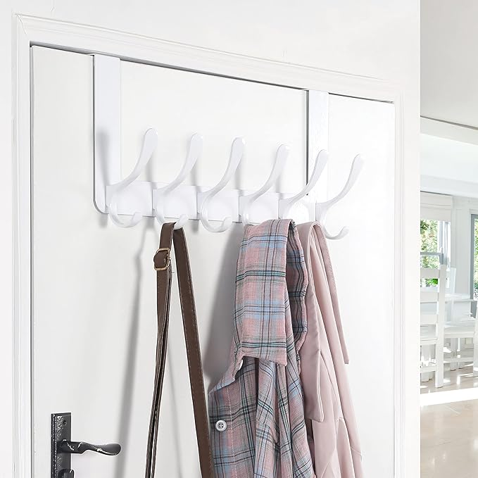 SKOLOO Over The Door Hooks - for Doors up to 4.5cm Thick, No Assembly Required, Stainless Steel Door Hanger with 6 Hooks, Over The Door Hanger for Coats Clothes Hat Towel Jacket, White