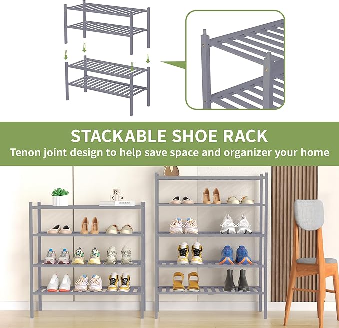 4 Tier Bamboo Shoe Rack for Closet Free Standing Wood Shoe Shelf for Entryway Small Space Stackable 27"x11"x26" (Grey)-NeatNest
