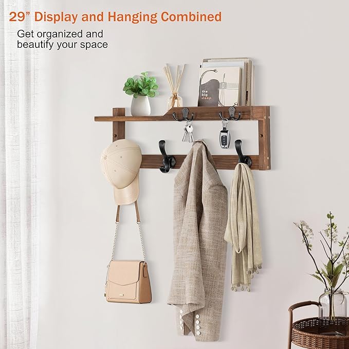 Coat Rack Wall Mount with Shelf, Coat Hanger Wall Mount with Key Hooks and Mail Holder, Wood Entryway Floating Shelf with Hooks and Storage, Hat Rack for Wall Key Holder Mail Organizer-NeatNest