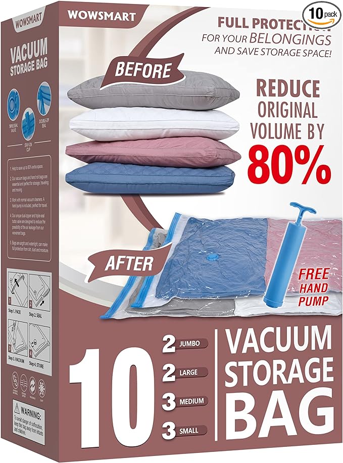 10 Space Saver Vacuum Sealed Storage Bags (2 Jumbo/2 Large/3 Medium/3 Small) with Hand Pump, Seal Bags for Clothing, Comforters, Pillows, Towel, Blanket Storage, Bedding
