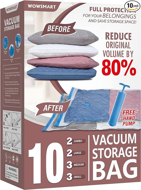 10 Space Saver Vacuum Sealed Storage Bags (2 Jumbo/2 Large/3 Medium/3 Small) with Hand Pump, Seal Bags for Clothing, Comforters, Pillows, Towel, Blanket Storage, Bedding
