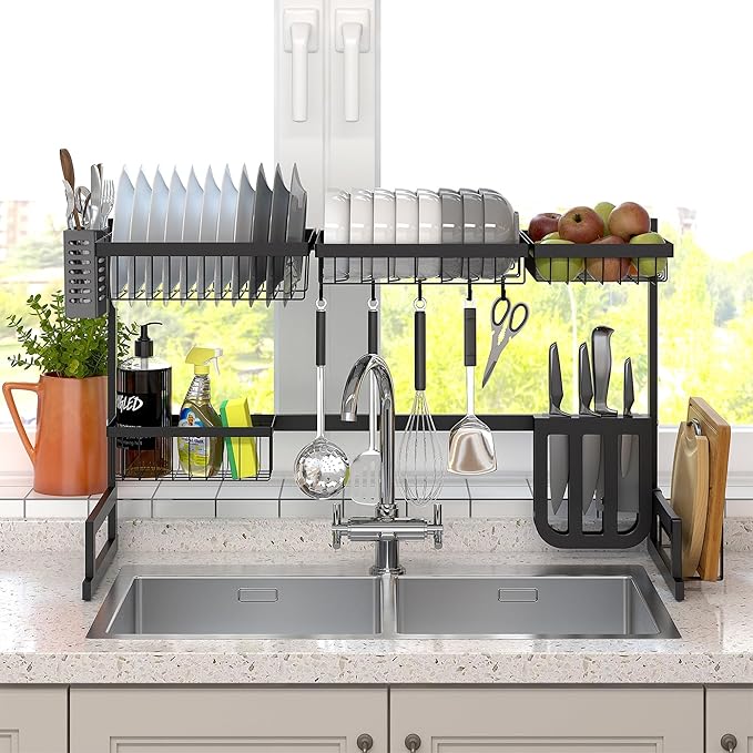 Over Sink Dish Drying Rack, 2 Tier Dish Drying Rack for 33.4", Versatile Dish Drainer Rack, Utensils Holder Kitchen Counter Storage Organizer, Countertop Space Saver, Stainless Steel