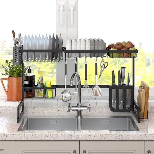 Over Sink Dish Drying Rack, 2 Tier Dish Drying Rack for 33.4", Versatile Dish Drainer Rack, Utensils Holder Kitchen Counter Storage Organizer, Countertop Space Saver, Stainless Steel