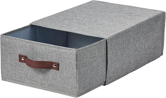 Closet Drawer Organizer Stackable Fabric Storage Boxes Bins Baskets with Lid PU Leather Handles Foldable Washable Cotton Linen Wardrobe Shelf Clothes Towels Container (Gray, Large)-NeatNest