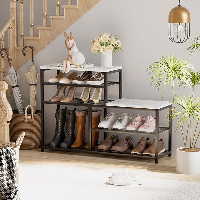 Shoe Rack Bench for Entryway,Free Standing Shoe Storage Organizer for Front Door Entrance,Boot Rack Holder Shelf for Closet with Seat,Sturdy Shoe Shelves for High Heels, Hallways,White Marble-NeatNest