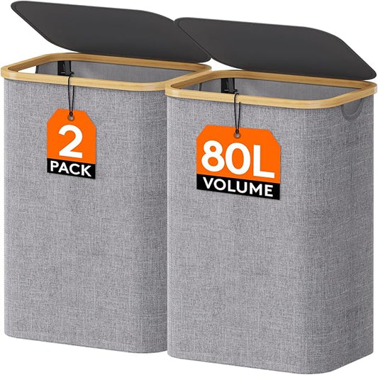 Lifewit 80L Laundry Basket with Lid, Clothes Hampers for Laundry with Bamboo Handles and 2 Removable Laundry Bags, Large Foldable Laundry Hamper for Bedroom, Bathroom, Dorm, Laundry Room, Light Gray-NeatNest