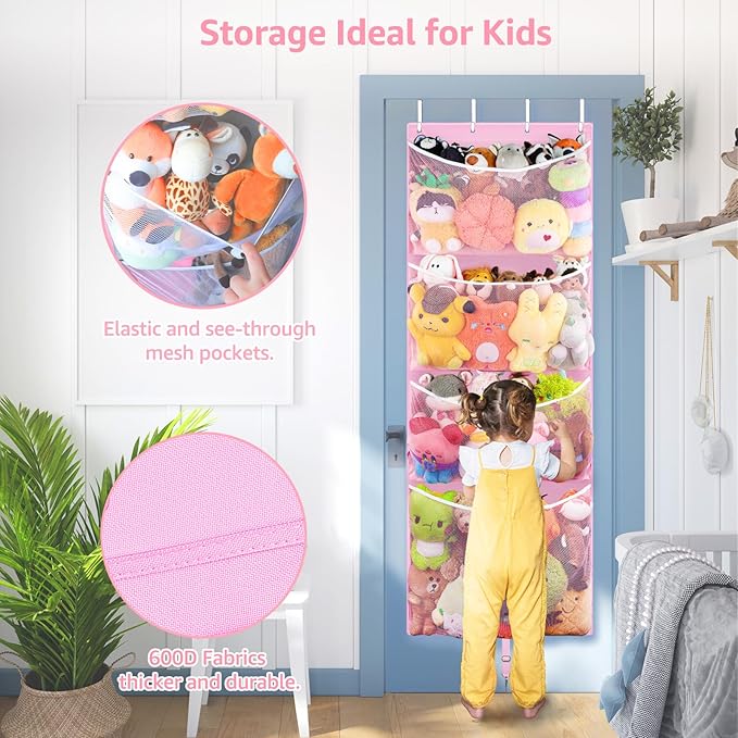 Hanging Stuffed Animal Storage, Over Door Large Plush Toy Organizer with Metal Hook, Baby Accessory Holder Idea for Nursery, Doll & Bear Mesh Hammock Bag for Girl Boy Kid Room-NeatNest