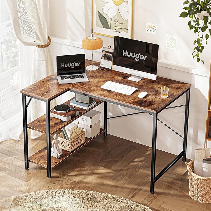 Huuger L Shaped Desk, 39 Inches Computer Desk with Reversible Storage Shelves, Gaming Desk, Corner Home Office Desks, Writing Study Desk with Metal Frame, Rustic Brown-NeatNest