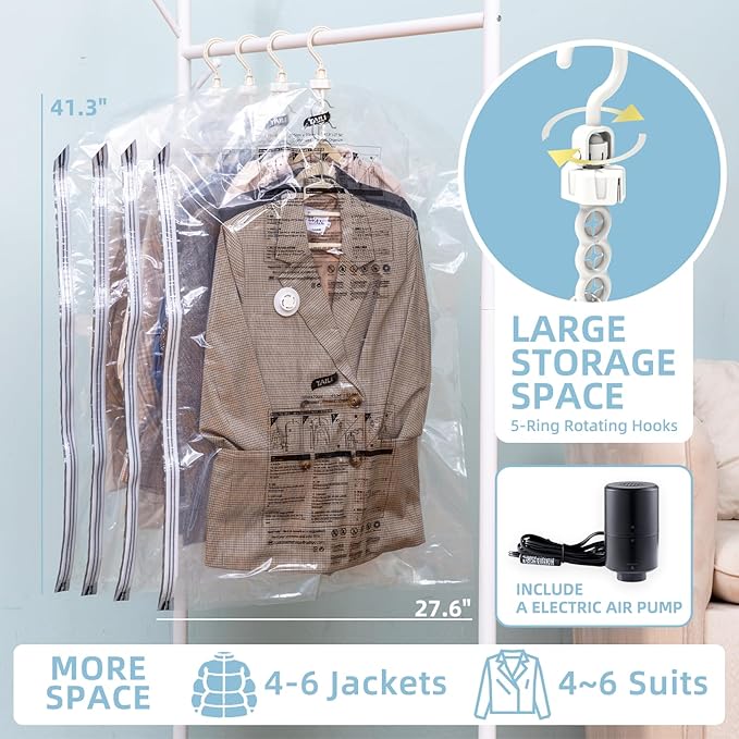 Hanging Vacuum Storage Bags with Electric Pump, 6 Pack (41.3 x27.6 inch), Vacuum Seal Bags for Clothing, Garment Storage for Short Jacket, Suits, Dresses, Closet Organizer Space Saving-NeatNest