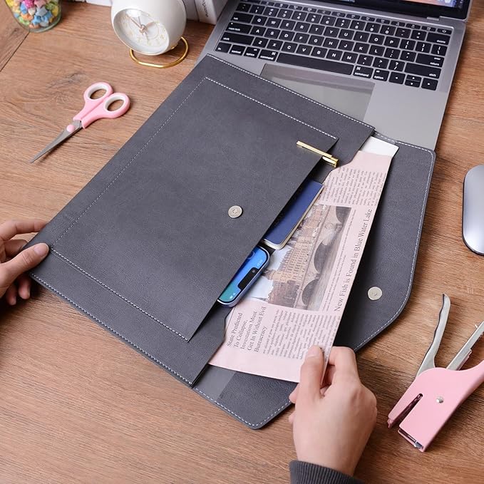 Wason Expanding A4 Document File PU Leather Envelope Case Holder-Large Size Pockets for Paper Bills Stationery Tablet and PC, Work Study Traveling (Grey)