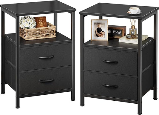 Huuger Night Stand Set of 2, Nightstand with 2 Drawers, Bed Side Table with Open Shelf, Wooden Top, End Table, Fabric Drawer, for Bedroom, Black