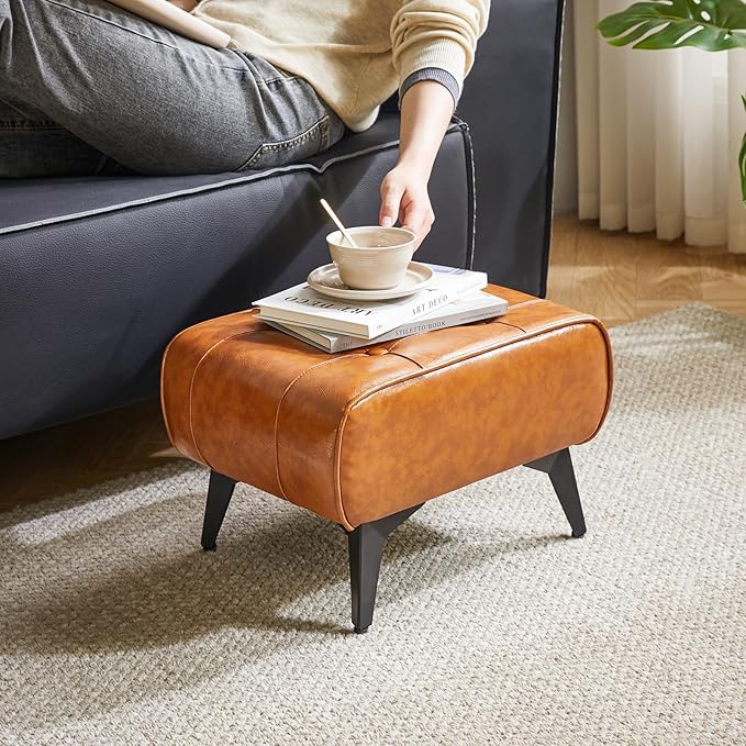YMYNY Ottoman, Foot Stool with Metal Legs, Faux Leather Stool, Pouf Couch Stool, Modern Multifunctional Small Square Accent Small Table for Bedroom, Living Room 15.75"D×11.81"W×10.24"H Orange UHBD037J