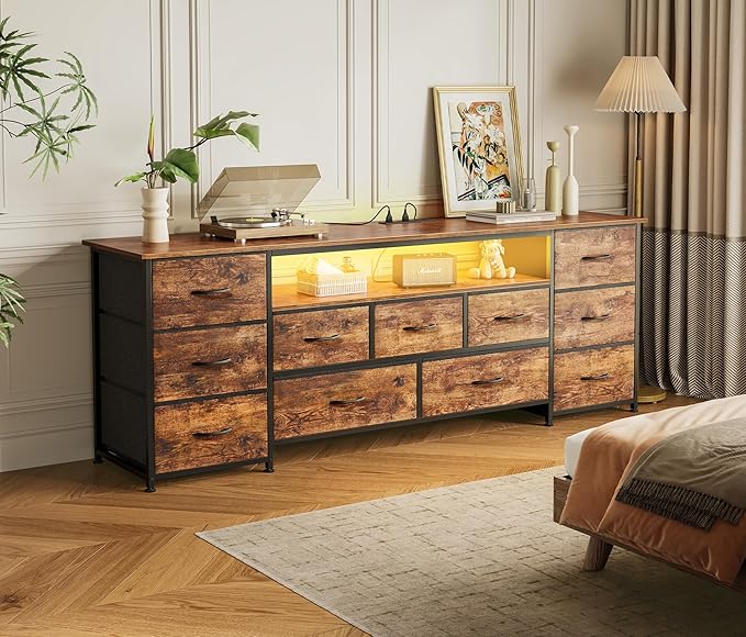 Huuger 63 Inch TV Stand for 65, 70 Inch TV, 11 Drawer Long Dresser with Power Outlets and LED Lights, Entertainment Center with Storage, Rustic Brown Dresser with PU Leather Surface