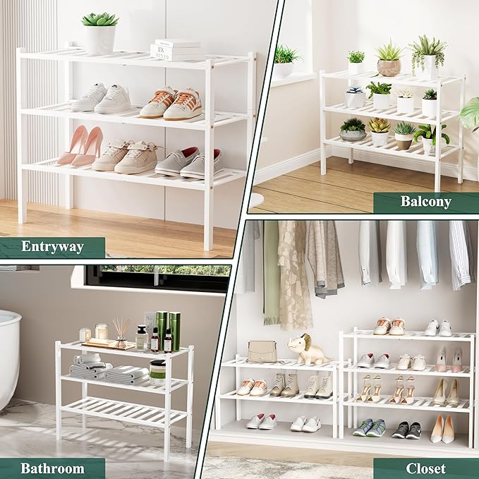 Smiry Shoe Rack, 3 Tier Small Bamboo Shoe Organizer, Stackable Free Standing Wooden Shoe Storage Shelf for Closet, Entryway, Front Door Entrance, White-NeatNest
