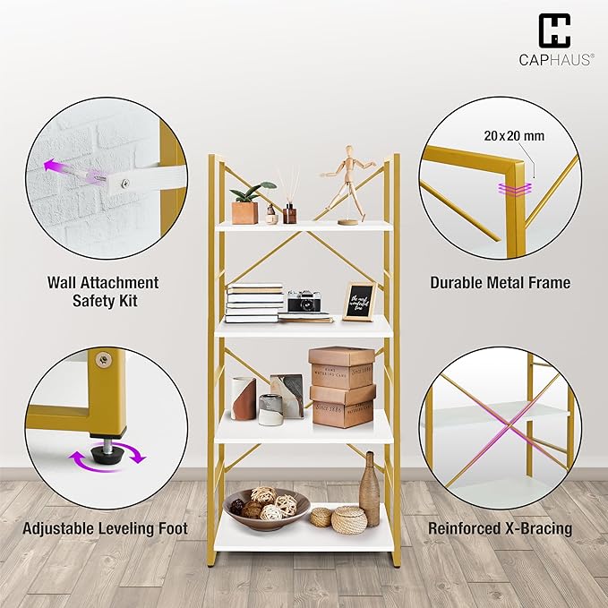 CAPHAUS 4 Tier Bookshelf, Bookcase Shelf Storage Organizer, Living Room, Kitchen, 24 Inch Width Free Standing Shelf, Industrial Book Shelves for Home Office, White Wooden Shelves & Gold Frame-NeatNest
