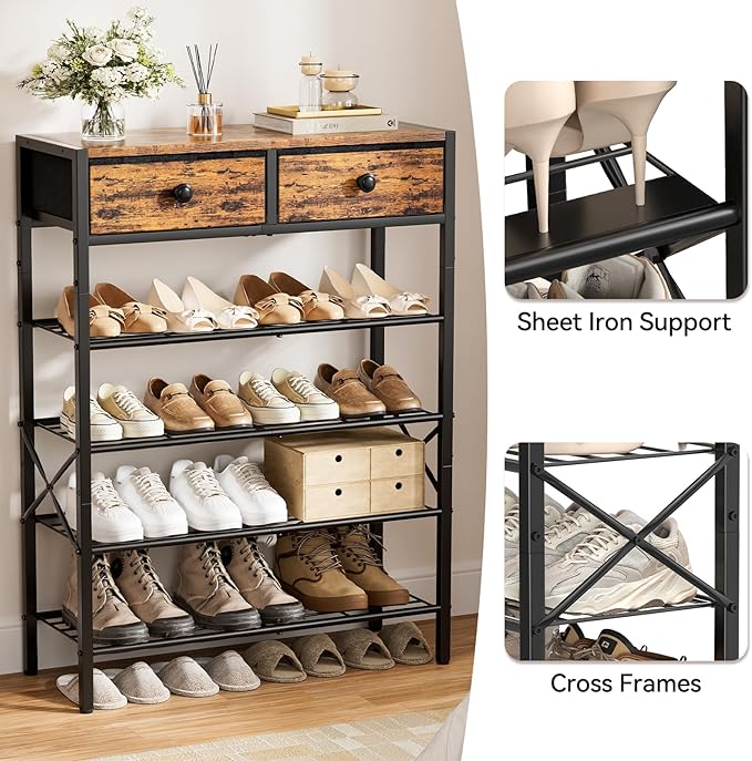 Shoe Rack for Entryway, 5 Tier Shoe Organizer with 2 Non-woven Drawers, Metal Storage Shoe Shelf for 16-20 Pairs of Shoes, with Wooden Top and Steel Frame, Shoe Stand for Closet Rustic Brown-NeatNest