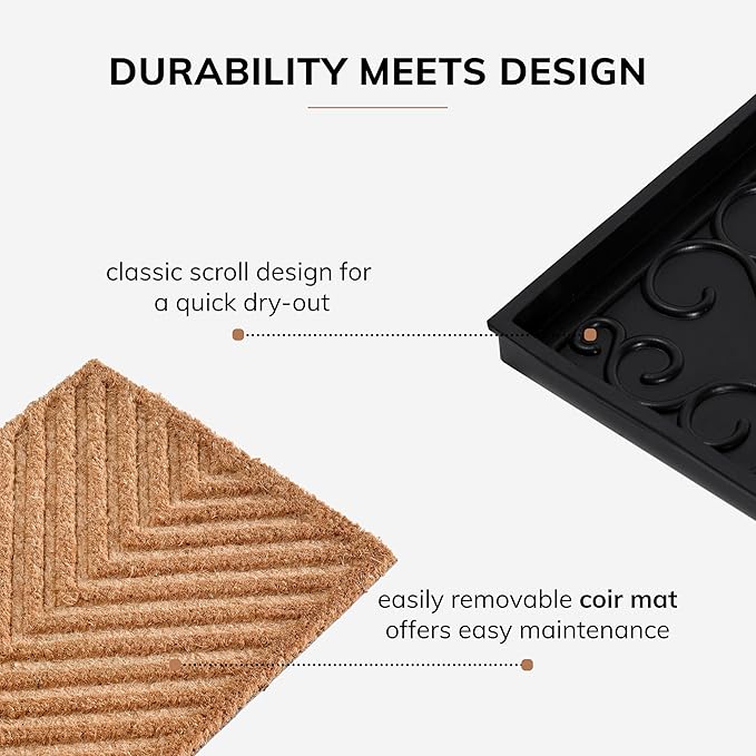 Anji Mountain Heavy Duty Waterproof Rubber Shoe Storage Mat Organizer/Boot Storage Tray Multi Use for Entryway with Coir, Tan Cross Embossed Insert, Fits 2 Pair (24.5" Wide)