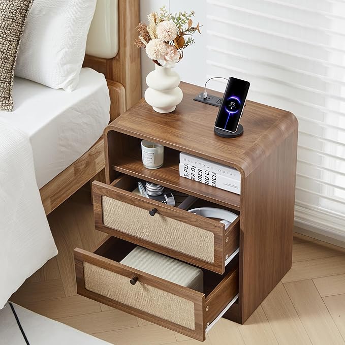 20" Wood Nightstand wiht 2 Drawer & Charging Station, Mid-Century Farmhouse Bedside End Table with Linen Decor, 2AC+USB+Type-C Port, Side Table with Storage for Livng Room (Walnut-charging)