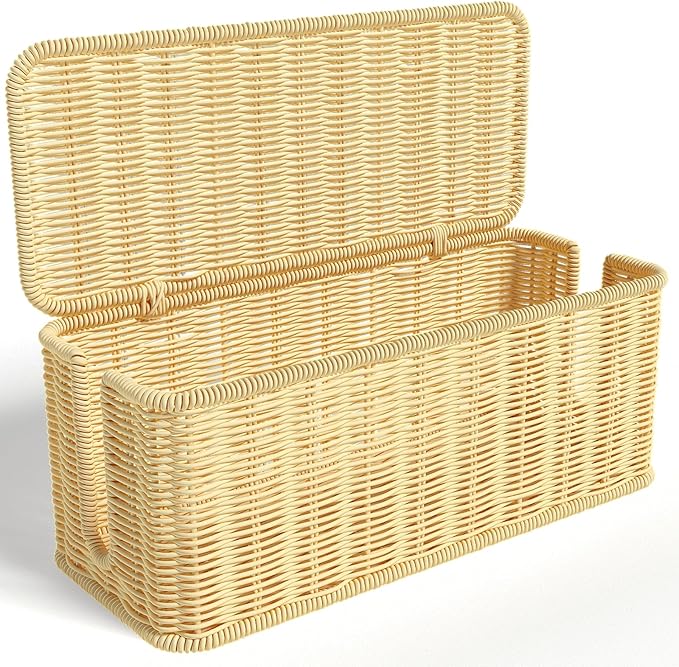Cable Management Box,Handwoven Imitation Rattan Cord Hider Organizer Box with Lid,2 Open Slots Cable Organizer Box for Tv Computer USB Hub to Hide Power Strips & Cords-12.5" L*5.1" W-Beige