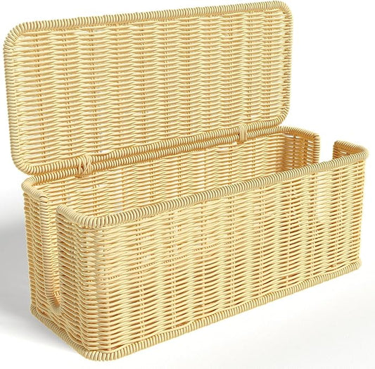 Cable Management Box,Handwoven Imitation Rattan Cord Hider Organizer Box with Lid,2 Open Slots Cable Organizer Box for Tv Computer USB Hub to Hide Power Strips & Cords-12.5" L*5.1" W-Beige