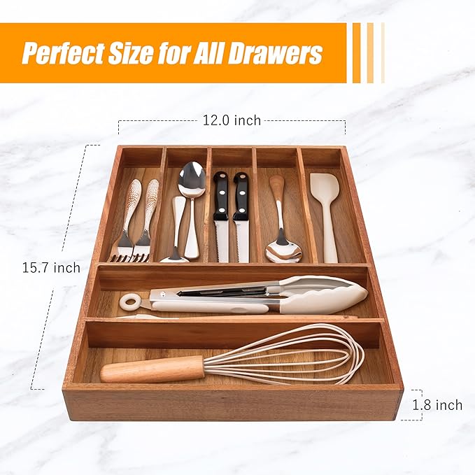 Bellsal Bamboo Silverware Organizer, 12"x15.7" Utensil Holder Cutlery Tray with Grooved Drawer Dividers for Kitchen Flatware, Bedroom, Office (7 Slot, Acacia)-NeatNest