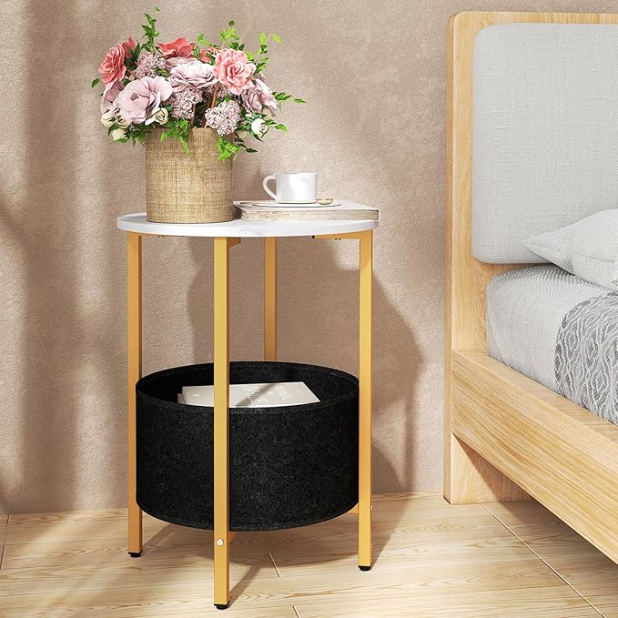 GOFALME Round End Table with Storage Set of 2, Sofa Side Table with Removable Fabric Basket, Metal Frame, Faux Marble Top, Modern, 2-Tier Bedside Table for Living Room, Bedroom, White