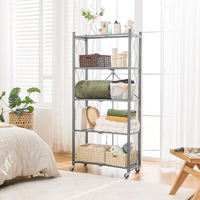 BRIAN & DANY 5-Tier Foldable Storage Shelves with Wheels, Folding Metal Rack Shelving Unit, Heavy Duty No Assembly Organizer Shelf for Garage, Kitchen, Basement, Pantry, Gray-NeatNest
