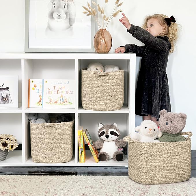 INDRESSME Dog Toy Basket, Woven Basket for Blankets, Baby Gift Baskets for Nursery Large Shelf Bin for Towels, Books, Rectangle Storage Baskets for Organizing, Brown, 13 x 10 x 9 inches