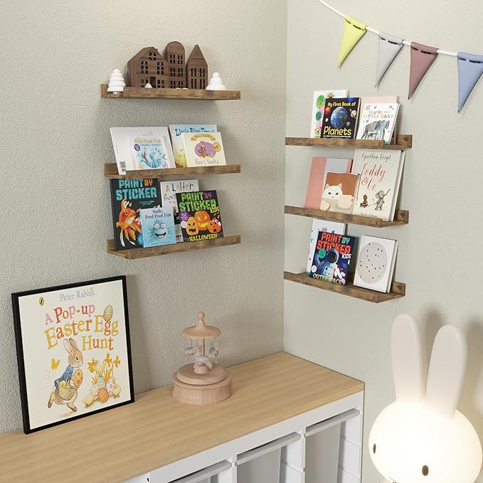 Floating Shelves Set of 6, Farmhouse Wall Shelves with Lip, Display Shelves for Wall Decor, Rustic Picture Ledge for Living Room, Bedroom, Nursery, Bathroom, Pictures, Books, Plants- Brown-NeatNest