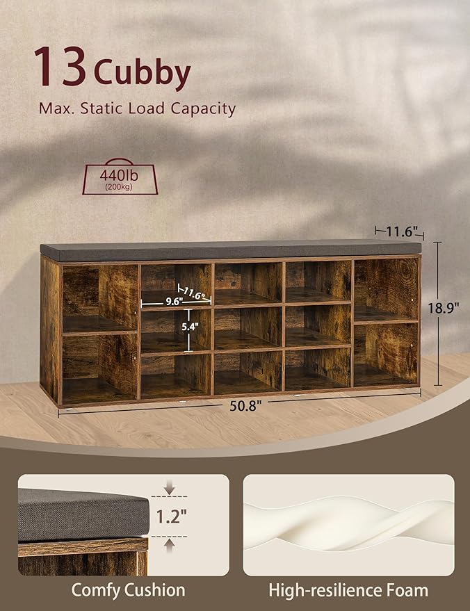 DINZI LVJ Shoe Storage Bench with Cushion, 13-Cubby Shoe Rack, Adjustable Shelves, Multifunctional Shoe Organizer Bench for Entryway, Mudroom, Hallway, Living Room, Bedroom and Garage, Rustic Brown-NeatNest