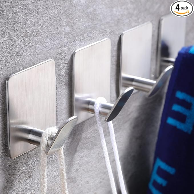 DELITON Adhesive Towel Hooks on Wall: Robe Hooks for Hanging Clothes Hats Stick on Bathroom/Kitchen SUS 304 Stainless Steel Silver-NeatNest