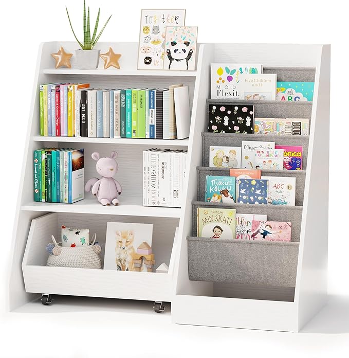 COZPAW Kids Bookshelf and Toy Storage, 4 Tier Toddler Bookshelf with Movable Drawer 5 Sling Pockets, Montessori Book Shelf for Kids Room, Playroom, Nursery (White)-NeatNest