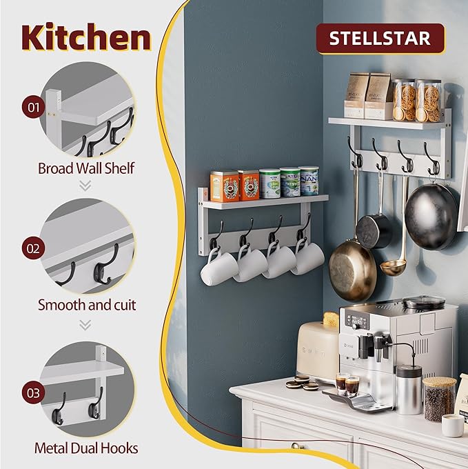 Coat Rack with Shelf Wall Mount, Entryway Bamboo Hanging Shelf, Set of 2, Wall Hook Rail for Hallway Décor, Storage Clothe, Hat, Robe, Key, Dog Leash (White+Black)-NeatNest