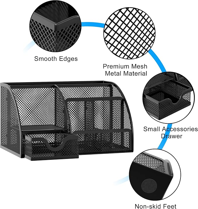 EasyPAG Mesh Desk Organizer, Multi-functional Stationery Organizer for School Supplies, Office Pen Holder for Desk, 6 Compartments Dorm Organization with Drawer, Black