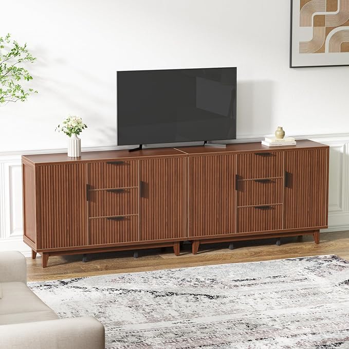 47.2" W Storage Cabinet with 3 Drawers, Fluted Buffet Cabinet with Storage, Large Sideboard with 2 Door, Modern Mid Century TV Stand Coffee Bar Cabinets for Living Room, Kitchen, Entryway