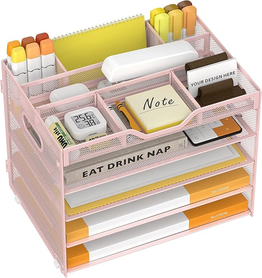 5 Tier Paper Letter Tray with 3 Drop-in Pen Holders, Mesh Desk File Organizer with Handle, Desk Organizers and Accessories for School,Home, Office Supplies Storage-Pink-NeatNest