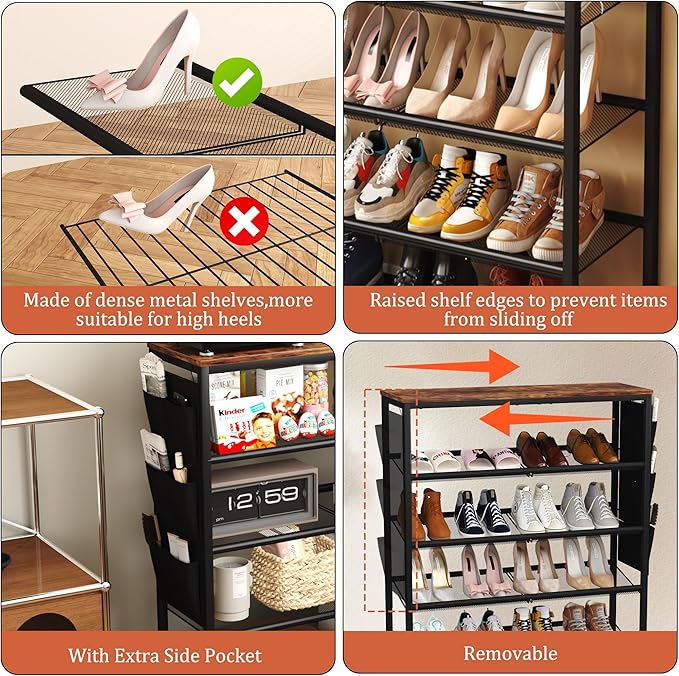 HOMEFORT 6 Tiers Shoe Rack for Entryway,30" Shoe Storage Shelf for Closet, Shoe Organizer with Adjustable Mesh Shelves, for 18-24 Pairs of Shoes, Industrial Shoe Stand with Side Pocket,Rustic Brown-NeatNest