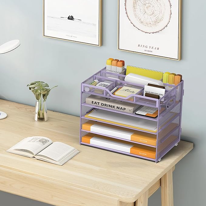 5 Tier Paper Letter Tray with 3 Drop-in Pen Holders, Mesh Desk File Organizer with Handle, Desk Organizers and Accessories for School,Home, Office Supplies Storage-Purple-NeatNest