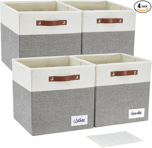 Collapsible Fabric Storage Cube Bins with 2 Reinforced PU Handles, Foldable Storage Organizer Baskets for Closet, Shelves, Living Room | 11"x11"x11", 4 Pack, Gray & White-NeatNest