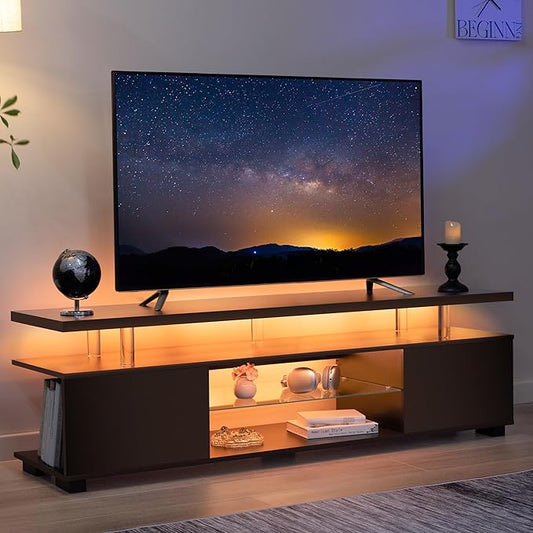 Black TV Stand,Glass TV Stands for Living Room,TV Stand for 75+ inch TV,Long TV Cabinet for Living Room,Bedroom,Home Office-NeatNest