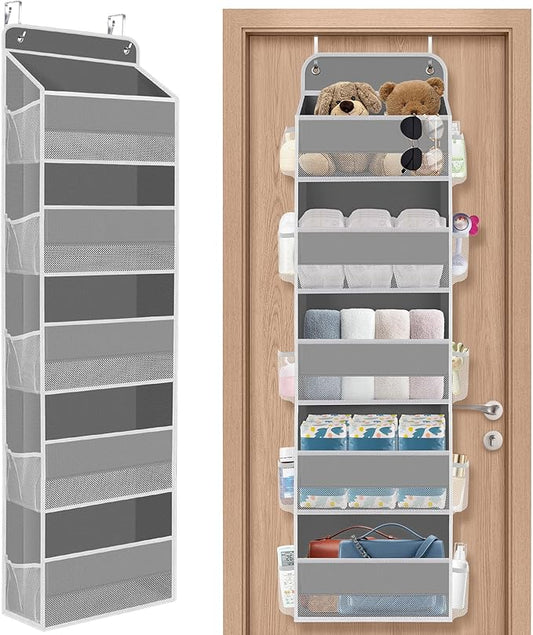 1 Pack Over The Door Organizer, Hanging Storage Organizer with Clear Window, 40lb Ultra Sturdy Large Capacity Room Organizer for Pantry Laundry Bathroom Nursery Closet Baby Essential (Grey)-NeatNest