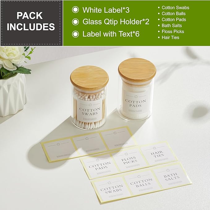 2 Pack Qtip Holder Dispenser - Glass Apothecary Jars with Lids, Cotton Ball Pad Swab Round Holder, Bamboo Bathroom Accessories, Bathroom Organizers Containers Jars Canisters with Lids-NeatNest