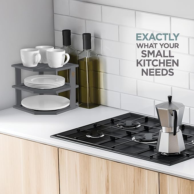 Cabinet Organizer Shelf - Bamboo Corner Rack for Kitchen Counter, Cabinet Space Saver for Plates, Dishes, Bowls, Bread Pantry, Bathroom Storage or Countertop Stand, Grey-NeatNest