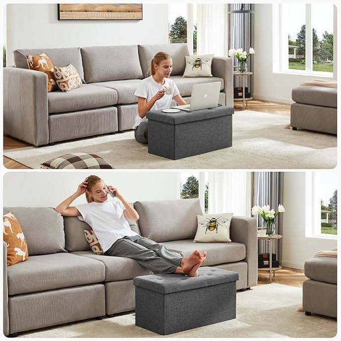 DUMOS 30in Foldable Storage Ottoman Bench, Foot Rest Stool Storage Chest with Padded Seat, End of Bed Bedroom Bench for Living Room, Support 660lbs, Pure Grey